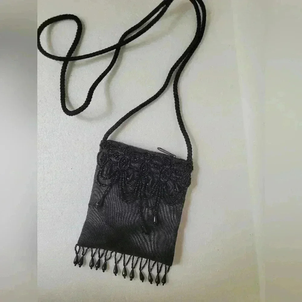 Vintage bejeweled small black crossbody satchel purse